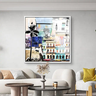 Wohnzimmer mit modernem Wandbild, Kuba Collage, Oldtimer, bunte Häuser und Palmen