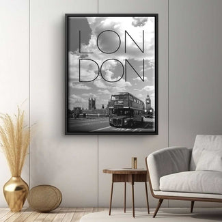 Modernes Wandbild London mit rotem Doppeldeckerbus und Big Ben, stilvolles Wohnzimmer