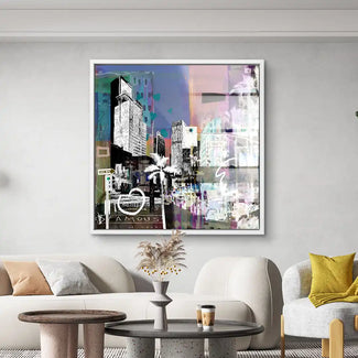 Modernes Wandbild mit Los Angeles Skyline, Palmen und urbanen Kunstmotiven im Wohnzimmer