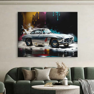 Modernes Wandbild mit Mercedes Oldtimer, bunte Farbspritzer, stilvoll im Wohnzimmer dekoriert