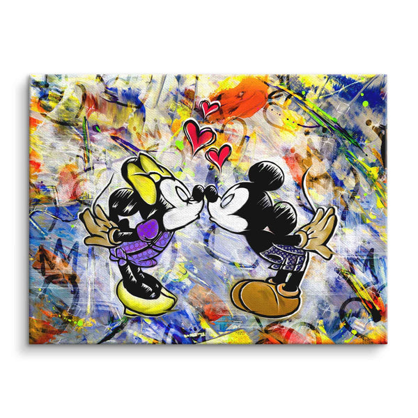 Buntes Pop Art Wandbild mit Comic-Motiv, zwei Mäuse küssen sich vor Graffiti-Hintergrund