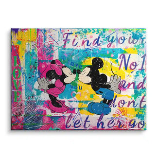 Buntes Pop Art Wandbild mit Comic-Mauspaar beim Kuss, Text und LOVE-Schriftzug, Leinwand