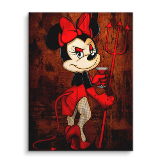 Pop Art Wandbild Cartoon-Maus als Teufel mit Dreizack und Cocktail auf rotem Hintergrund
