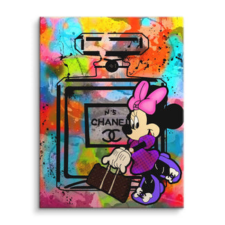 Buntes Pop Art Wandbild mit Minnie Maus, Chanel Parfümflakon und Koffer auf Leinwand