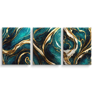 Abstraktes Wandbild Triptychon mit goldenen und petrolfarbenen Mustern auf Leinwand