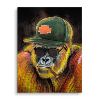 Modernes Wandbild mit chillendem Gorilla, Sonnenbrille, Cap und Zigarre, bunte Pop Art