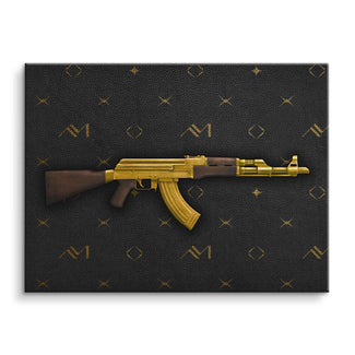 Modernes Wandbild mit goldener AK-47 auf schwarzem, gemustertem Hintergrund