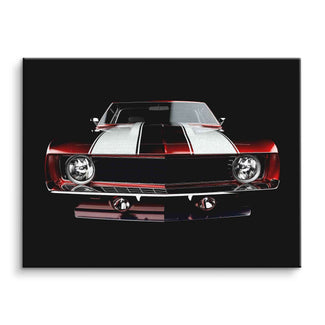Wandbild mit rotem Oldtimer, Sportwagen frontal auf schwarzem Hintergrund, Leinwandbild