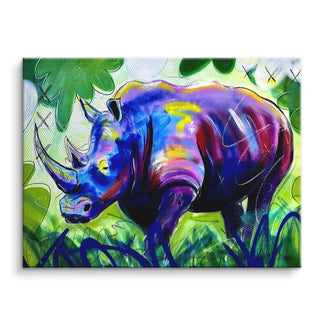 Buntes Nashorn Wandbild auf Leinwand, moderne Kunst mit farbenfrohem Hintergrund