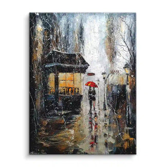 Nostalgisches Wandbild Stadtstraße bei Regen, Person mit rotem Regenschirm vor beleuchtetem Café