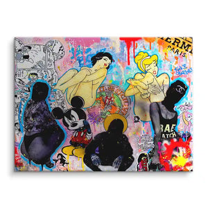 Buntes Pop Art Wandbild mit Comic-Figuren, abstrakten Silhouetten und Graffiti-Elementen