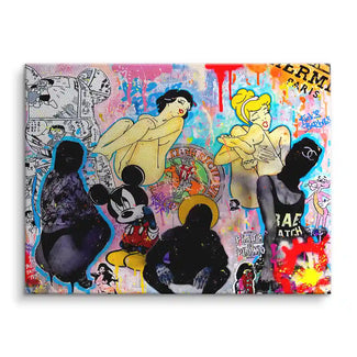 Buntes Pop Art Wandbild mit Comic-Figuren, abstrakten Silhouetten und Graffiti-Elementen