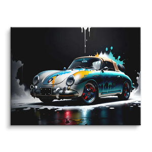 Wandbild mit Oldtimer Porsche 356, bunte Farbspritzer auf schwarzem Hintergrund, moderne Kunst