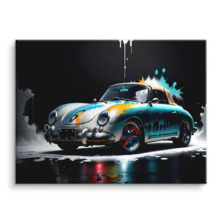 Wandbild mit Oldtimer Porsche 356, bunte Farbspritzer auf schwarzem Hintergrund, moderne Kunst