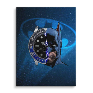 Modernes Wandbild mit Uhr und Batman-Motiv vor Sternenhimmel, Pop Art Stil