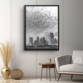 Modernes Wandbild San Diego Skyline in Schwarz-Weiß als stilvolle Wanddeko im Wohnzimmer