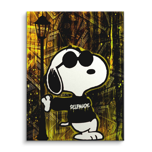 Comic Wandbild mit Hund im Selfmade-Pullover, Sonnenbrille, Laterne und Geldscheinen im Hintergrund
