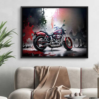 Modernes Wandbild mit rotem Motorrad und abstraktem Splash-Art-Hintergrund über Sofa