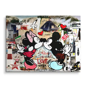 Pop Art Wandbild mit küssendem Cartoon-Paar, Sylt Collage, bunte Streetart Elemente