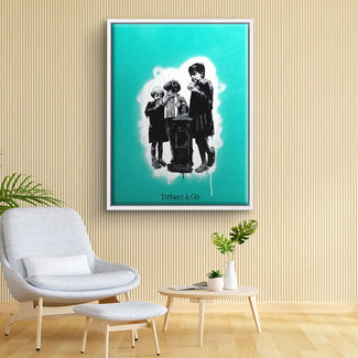 Modernes Wandbild mit drei schwarz-weißen Kindern auf türkisfarbenem Hintergrund, Wohnzimmer Dekor