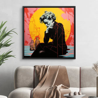 Modernes Wandbild mit nachdenklicher Frau, Pop Art Stil, leuchtende Farben, Wohnzimmerdeko
