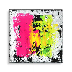 Abstraktes Wandbild mit kräftigen Farben in Pink, Gelb und Grün auf weiß-schwarzem Hintergrund