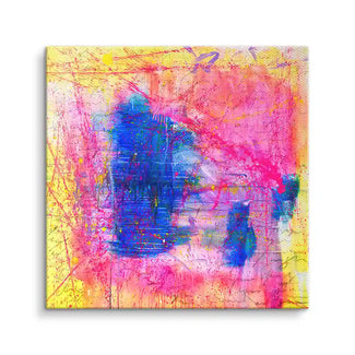 Abstraktes Wandbild mit blauen, pinken und gelben Farbspritzern auf Leinwand