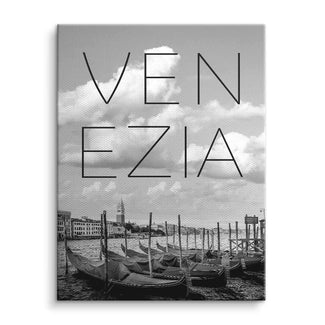 Schwarz-weiß Venedig Wandbild mit Gondeln und großem Schriftzug VENEZIA, dekorative Kunst