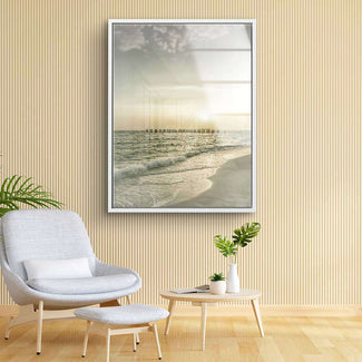 Wandbild mit Vintage Sonnenuntergang am Strand, Meereswellen, ruhige Wohnzimmereinrichtung