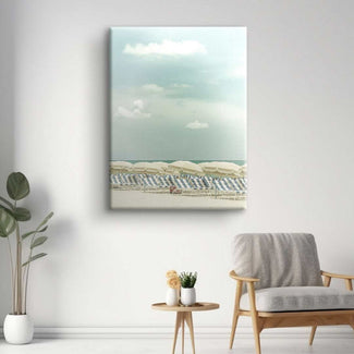 Wandbild mit Vintage-Strandmotiv, Liegestühle und Sonnenschirme, modernes Wohnzimmer