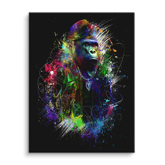 Buntes Pop Art Wandbild mit kreativem Gorilla im Hut auf schwarzem Hintergrund, moderne Kunst