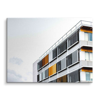 Modernes Wandbild mit abstrakter Architektur, Gebäude mit gelben und grauen Fassadenelementen