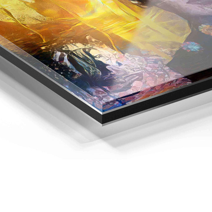 Detailansicht Acrylglas Wandbild mit buntem, abstraktem Kunstmotiv und glänzender Oberfläche