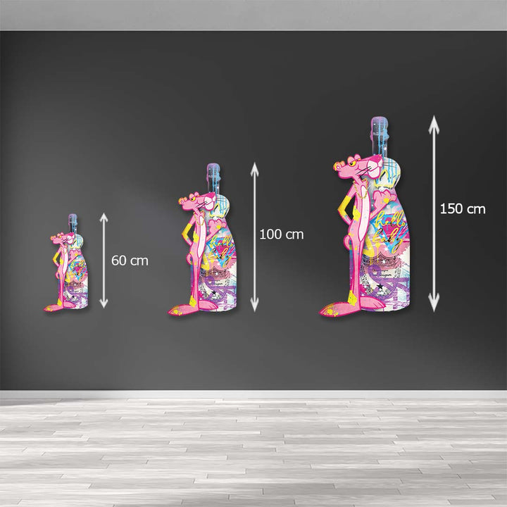Größenvergleich Wandbild Pink Panther Pop Art in 60 cm, 100 cm und 150 cm an grauer Wand