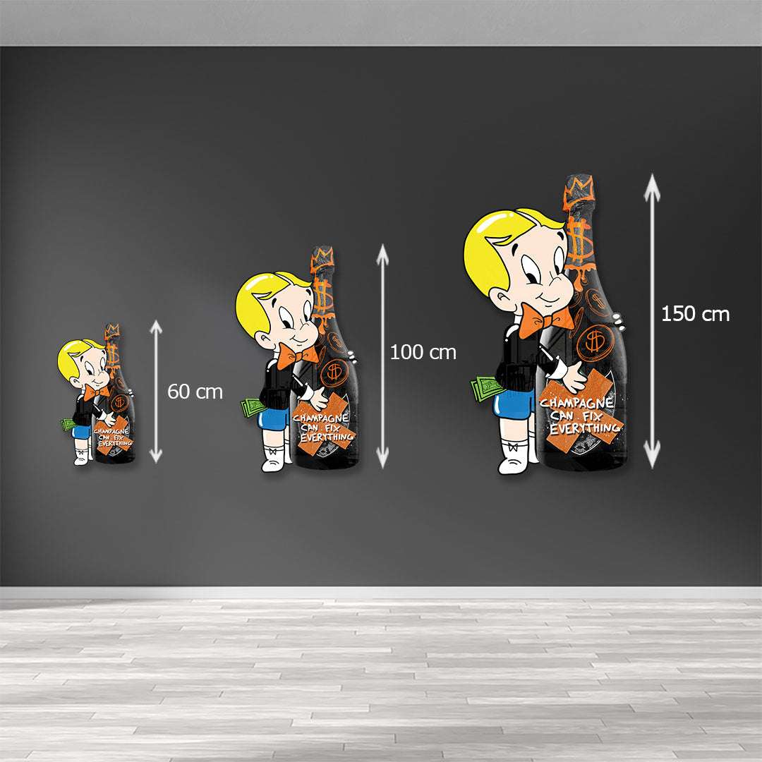 Größenvergleich Pop Art Wandbild Junge mit Champagnerflasche auf dunkler Wand, 60, 100, 150 cm