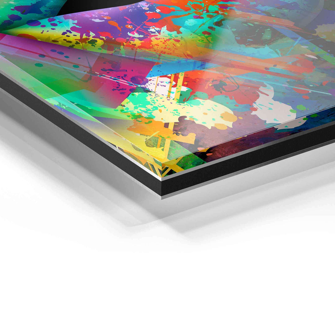 Detailaufnahme buntes Acrylglas Wandbild mit abstraktem Farbklecks-Design