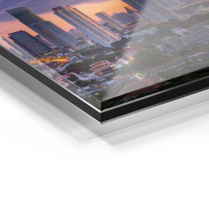 Detailansicht Wandbild auf Acrylglas mit Stadt Skyline, moderne Kunstdruck Qualität