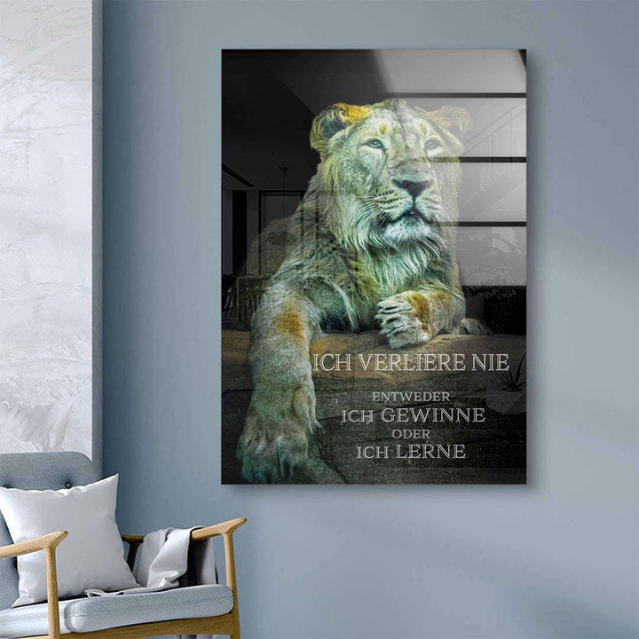 Motivationsbild mit Löwe auf Leinwand, Zitat: Ich verliere nie, modernes Wandbild Wohnzimmer