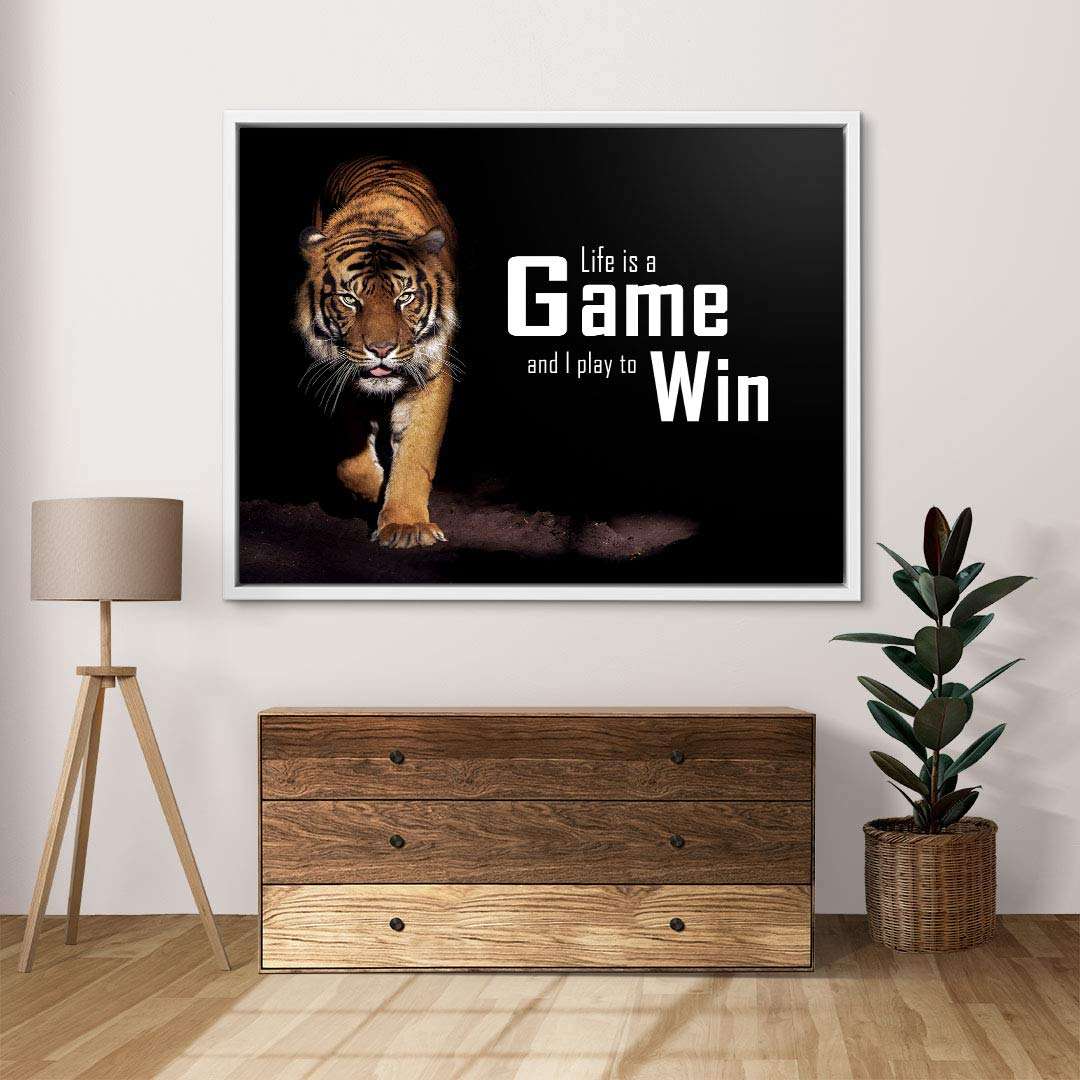 Wandbild mit Tiger und motivierendem Spruch, modernes Leinwand Kunstwerk über Kommode