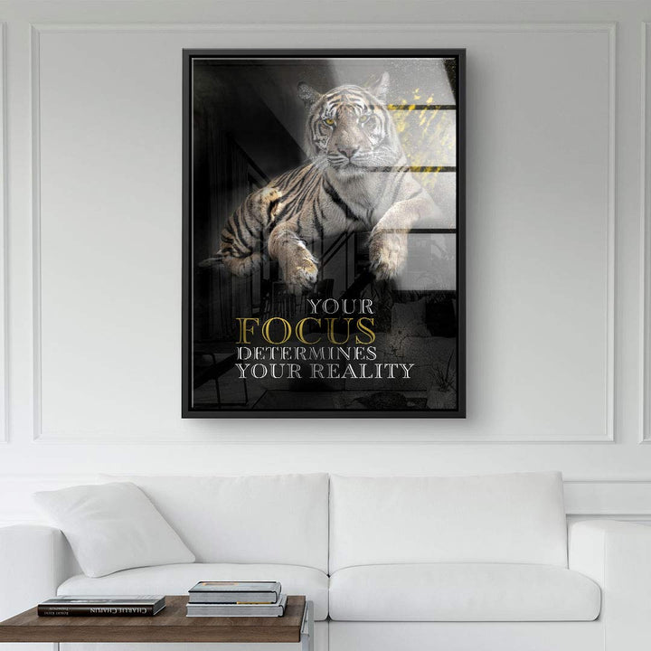 Modernes Wandbild mit Tiger und Motivationsspruch, Wohnzimmer, Leinwand Kunstbild