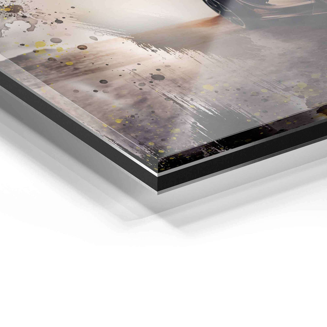 Detailansicht modernes Acrylglas Wandbild mit abstrakter Kunst, graue und gelbe Farbtupfer