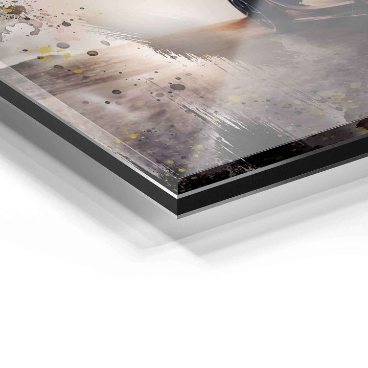 Detailansicht modernes Acrylglas Wandbild mit abstrakter Kunst, graue und gelbe Farbtupfer