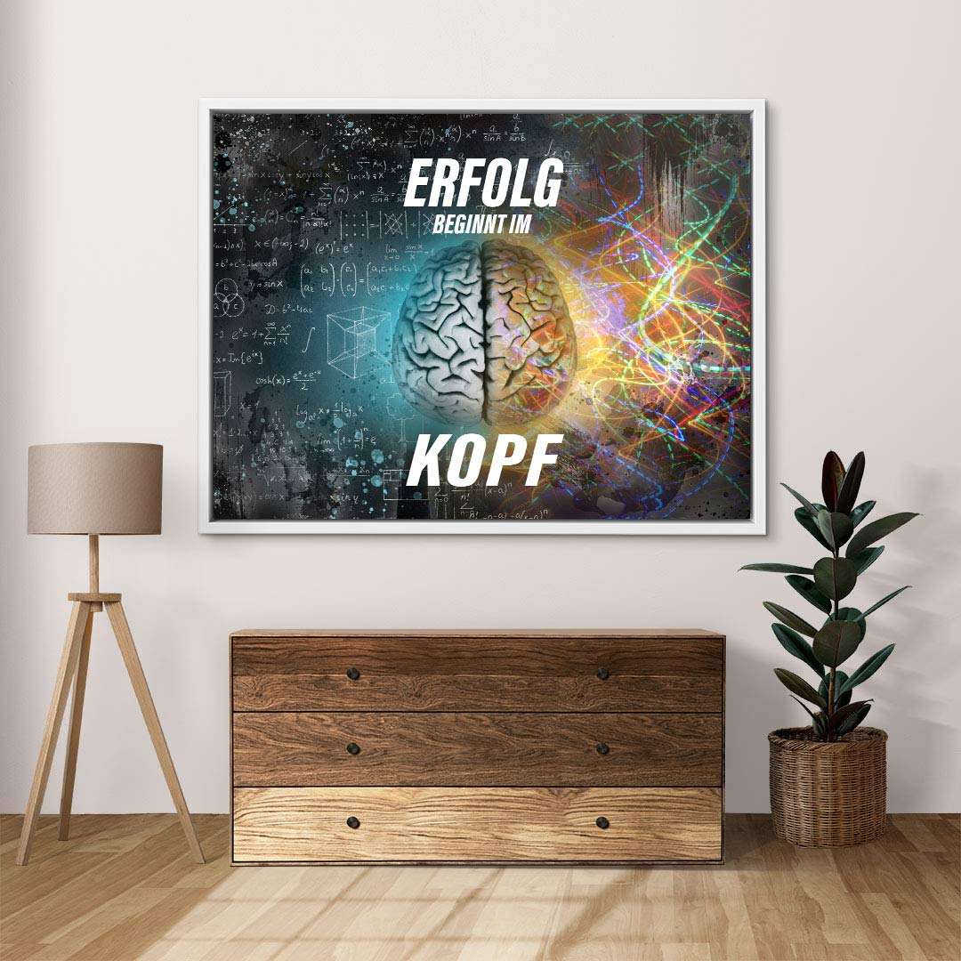 Modernes Wandbild mit Gehirn und Schriftzug 'Erfolg beginnt im Kopf', bunte abstrakte Kunst