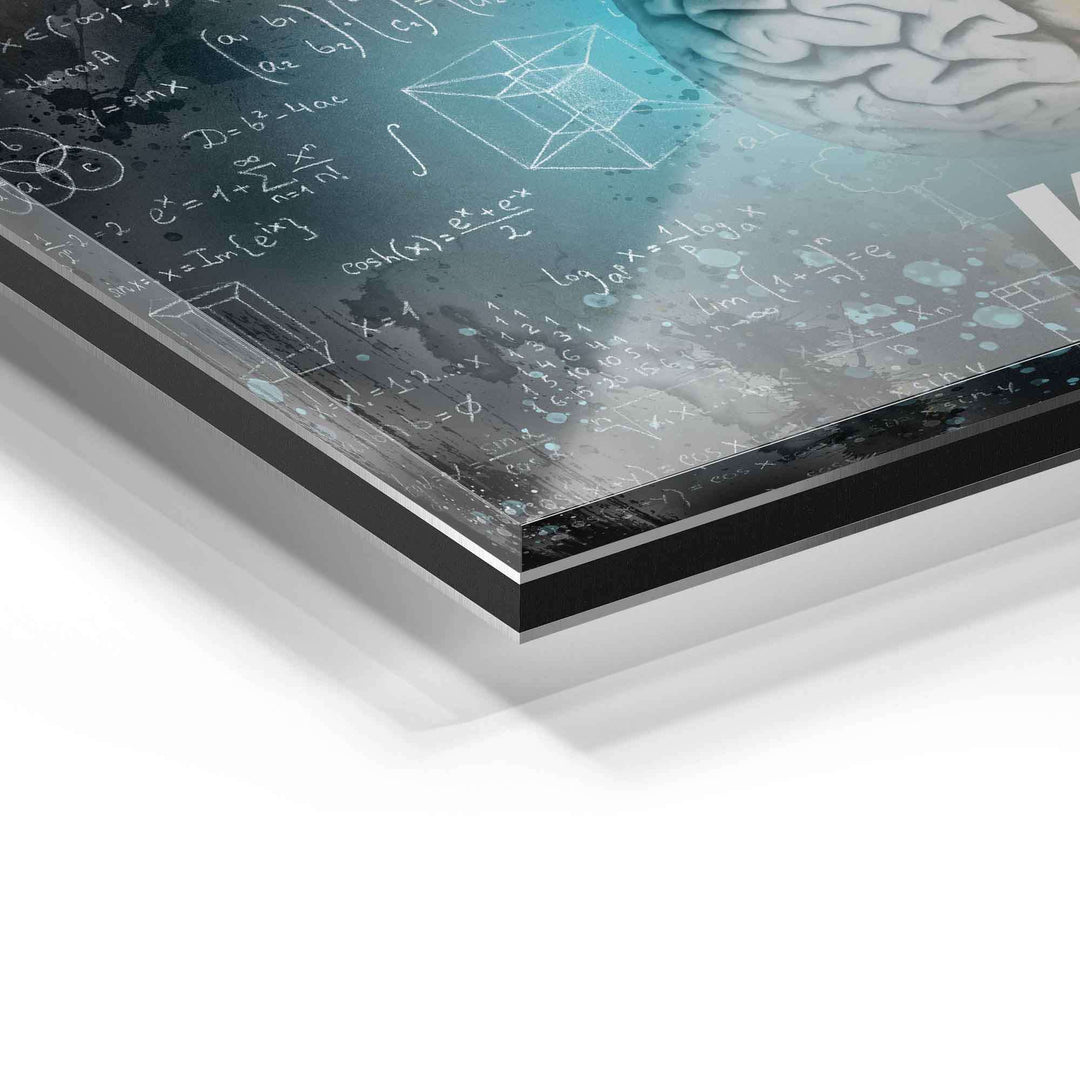 Detailansicht eines Acrylglas Wandbilds mit abstrakten Formeln und Gehirn-Motiv