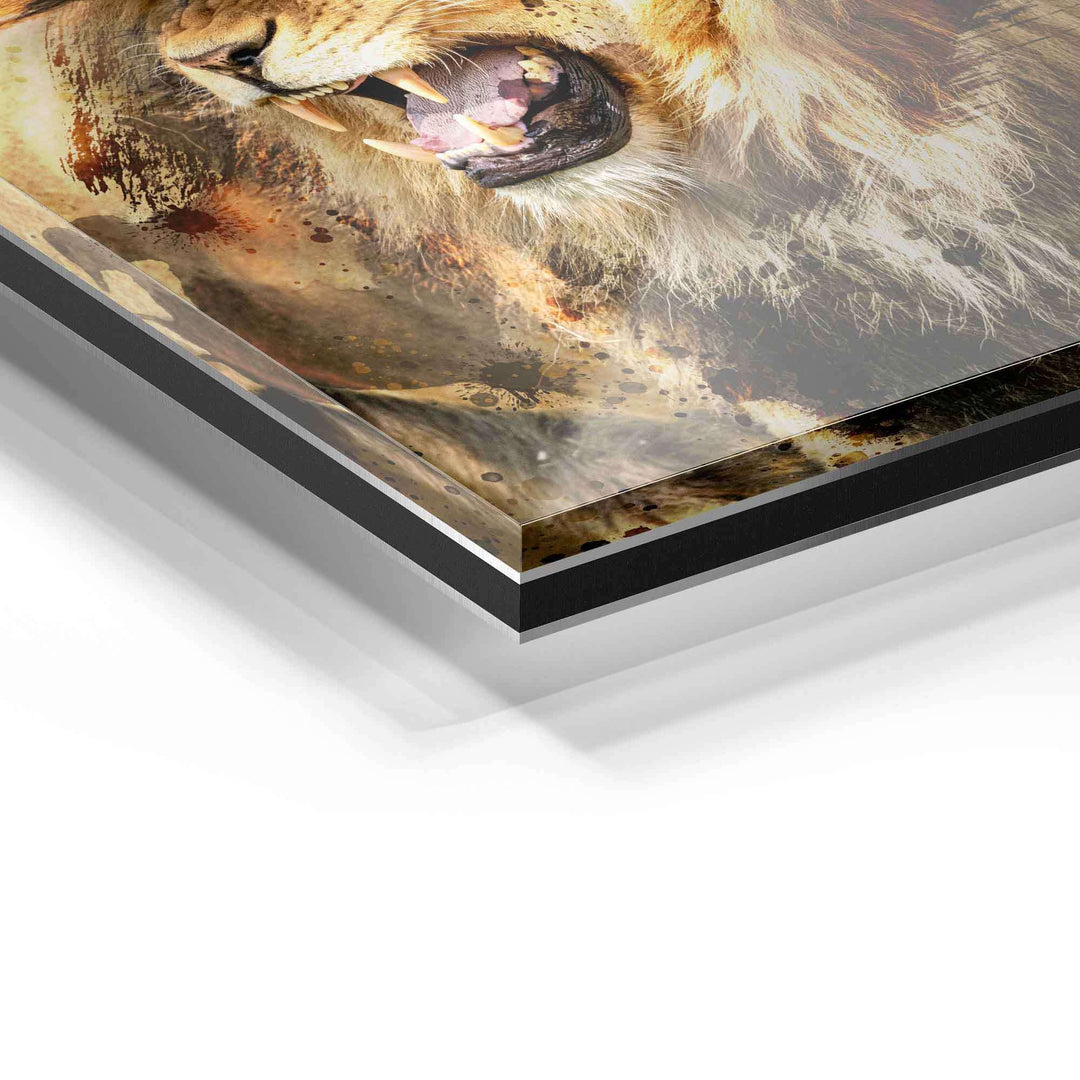 Detailansicht Acrylglas-Wandbild mit Löwenmotiv, moderne Kunst, glänzende Oberfläche