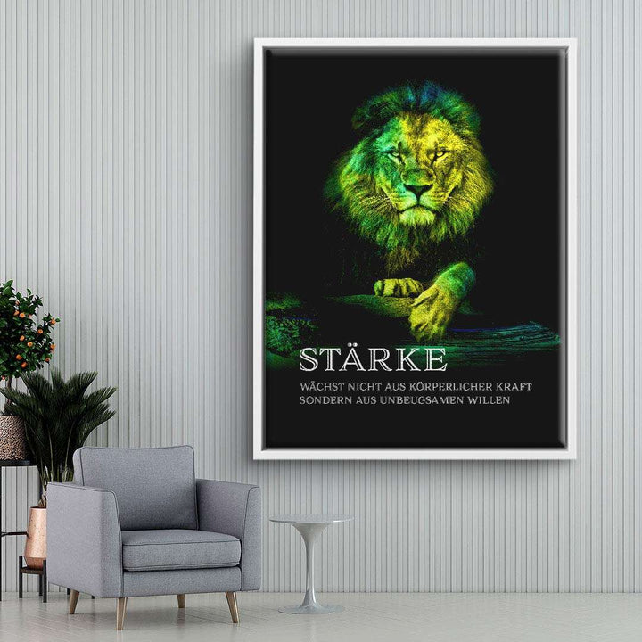 Modernes Wandbild mit farbigem Löwen und Motivationsspruch im Wohnzimmer, Leinwandkunst