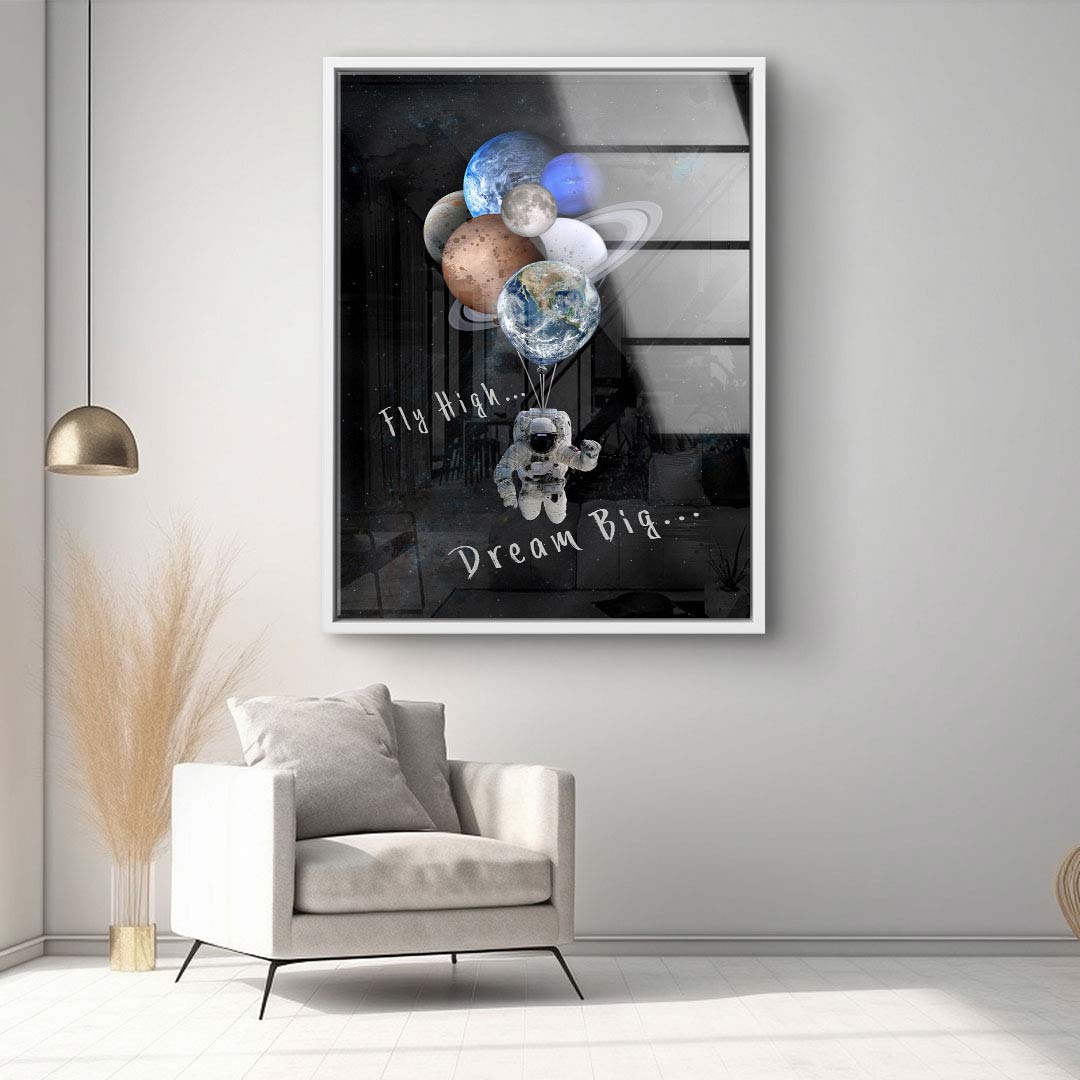 Modernes Wandbild mit Astronaut und Planeten-Ballons, Motivationsspruch, Wohnzimmer Deko