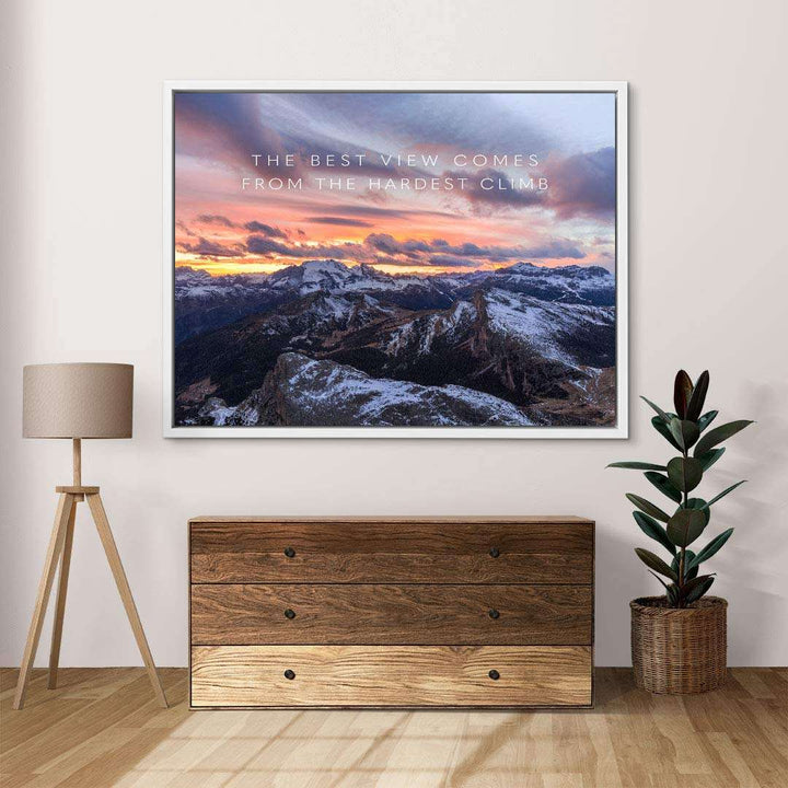 Leinwandbild mit Berglandschaft, Sonnenuntergang und motivierendem Zitat, moderne Wandkunst