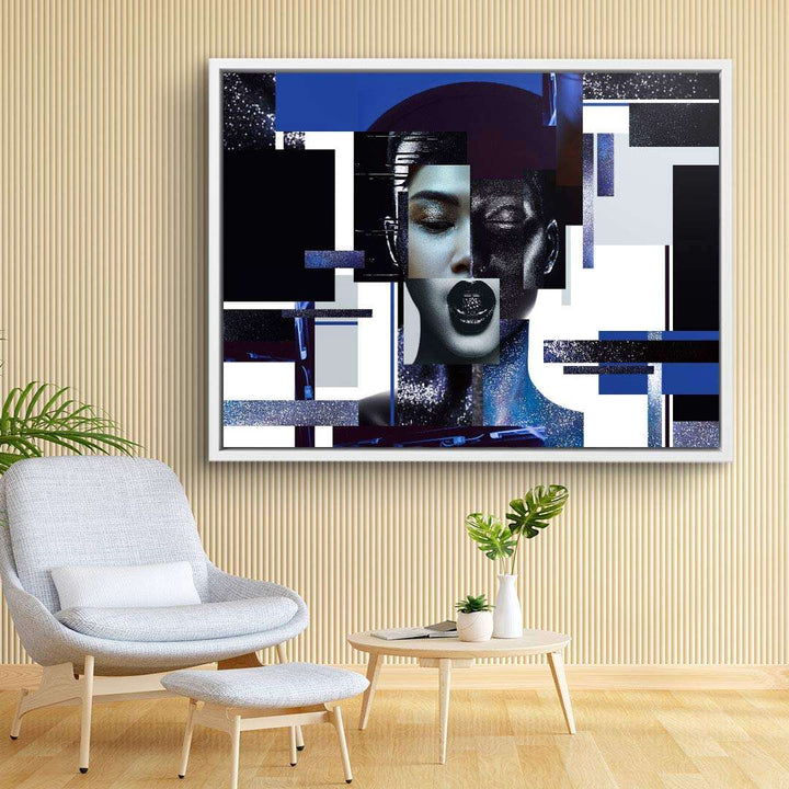Modernes Wandbild mit abstraktem, geometrischem Porträt einer Frau in Blau und Schwarz