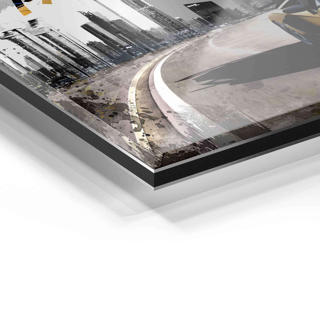 Detailaufnahme Acrylglas-Wandbild mit Skyline, modernem Design und urbanen Farbakzenten